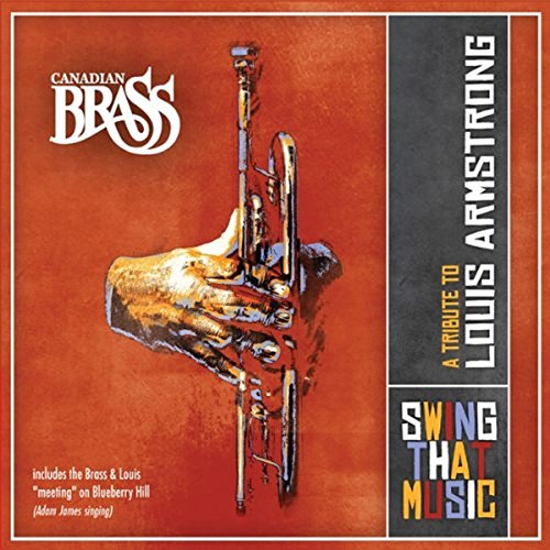 "Album cover with hand holding trumpet, red background, and multicolored text."