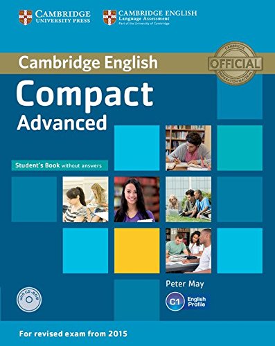 "Blue book cover with 'Cambridge English Compact Advanced' title, grid of student photos, and logos."