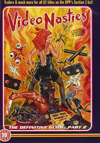 DVD cover with cartoon woman surrounded by video tapes and knives on a fiery background.