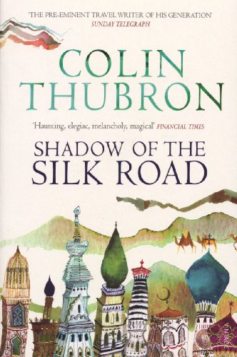Book cover of "Shadow of the Silk Road" with illustrated buildings and camel riders.