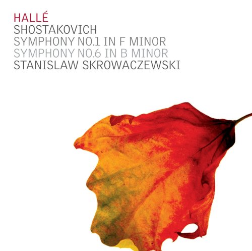 "CD cover with autumn leaf and text describing Shostakovich symphonies conducted by Stanislaw Skrowaczewski."
