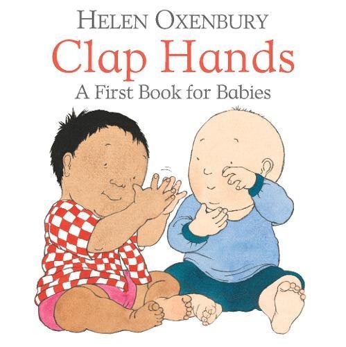 "Children's book cover featuring two babies clapping, with title 'Clap Hands' and author's name."