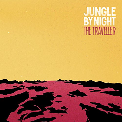"Album cover with yellow sky, red and black landscape, and white and pink text."