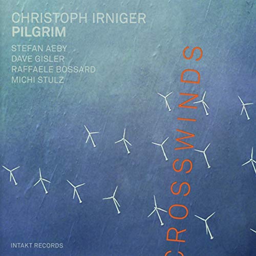 Album cover with blue background, wind turbines, and orange text "CROSSWINDS" and artist names.