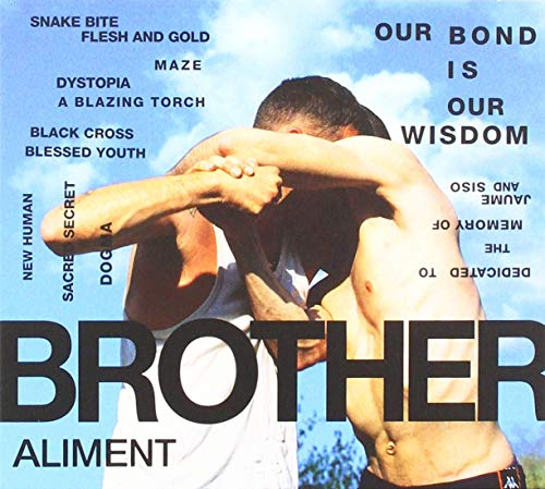 Album cover with two shirtless men embracing, against a blue sky with clouds.