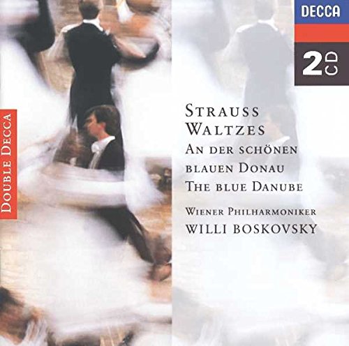 "CD cover with blurred waltzing couple and text listing Strauss waltzes and performers."