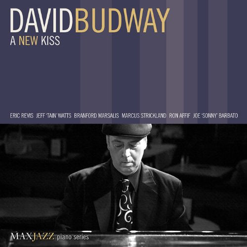 David Budway's album cover: man in suit at piano, dark background, purple header.