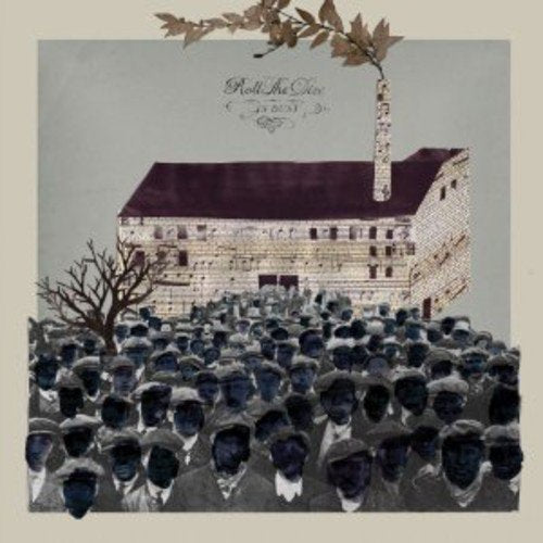 "Album cover with crowd of men in front of a building, sepia-toned illustration."