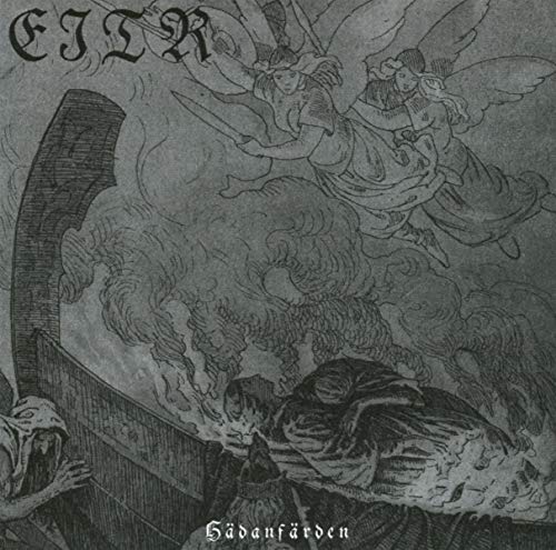 Black and white album cover with angel and demon illustration, surrounded by flames and smoke.