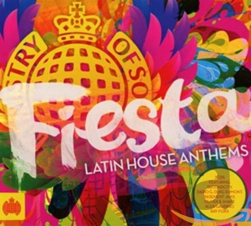 "Album cover with 'Fiesta' title, colorful abstract background, and disco ball logo."