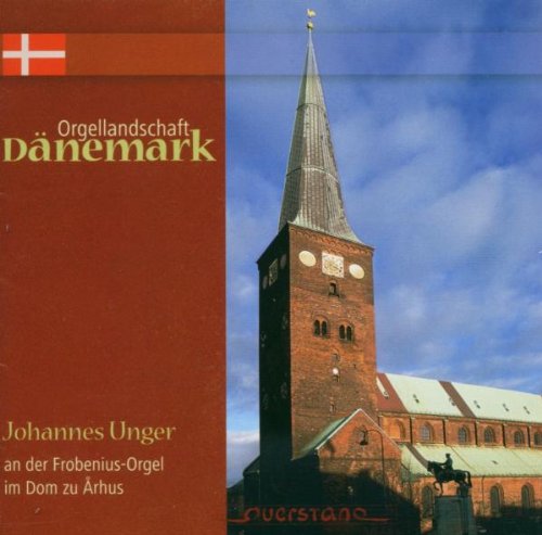 "CD cover with a church tower and red banner featuring Danish flag."