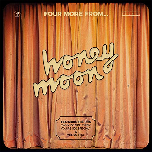 The alt text for the image is: "Vinyl record cover with orange curtains and 'honey moon' text."
