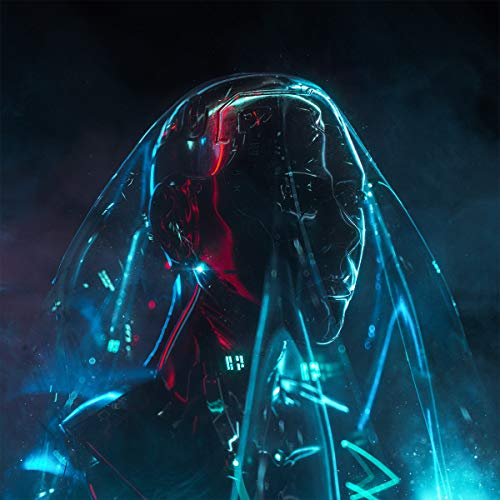 A futuristic, dark figure with a helmet, surrounded by blue and red neon lights.