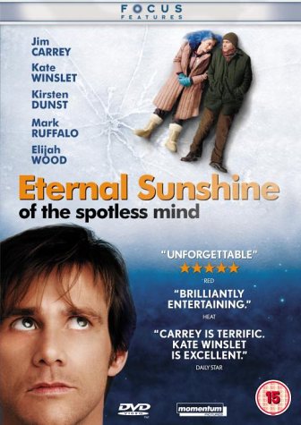 "Eternal Sunshine of the Spotless Mind DVD cover featuring Jim Carrey and Kate Winslet."