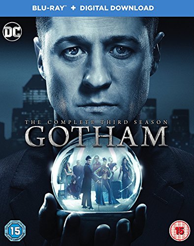 "Gotham season 3 Blu-ray cover featuring a man holding a crystal ball."