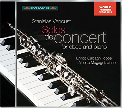 "CD cover with oboe on piano keys and text on black background."