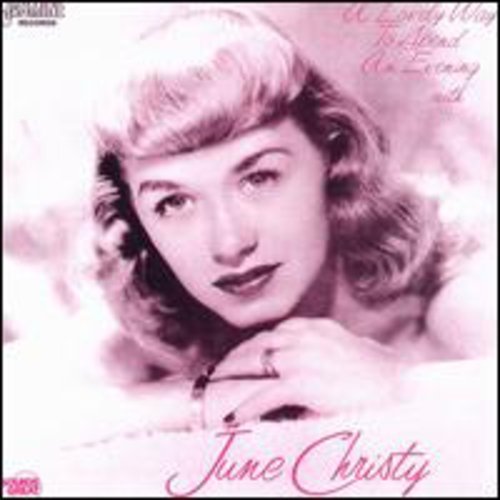 "Album cover featuring a black and white photo of June Christy with pink overlay and text."