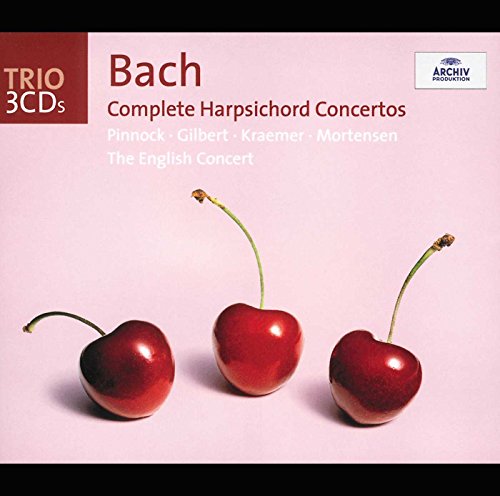 Pink CD cover with three cherries and text "Bach Complete Harpsichord Concertos".