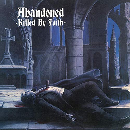"Album cover art: a man lies dead, stabbed, in a dark, gothic church."