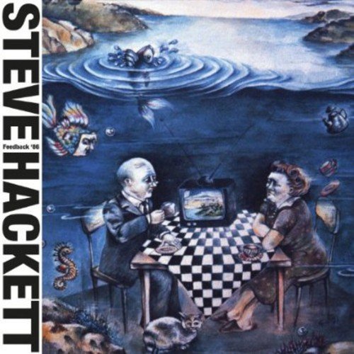 "Album cover with surreal illustration of two people playing chess, surrounded by water and creatures."