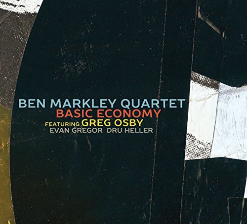 "CD cover with black vinyl record and text Ben Markley Quartet Basic Economy."