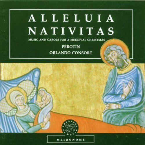 "CD cover with medieval illustration of Mary and Joseph, black background, white text."