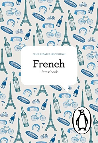 "Book cover with 'French Phrasebook' title, penguin logo, and Eiffel Tower pattern."