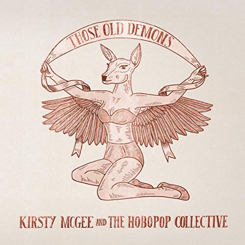 "Album cover featuring a kneeling winged deer-human hybrid holding a banner."