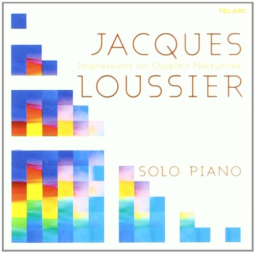 "Album cover with 'Jacques Loussier' in red, colorful piano keys on white background."