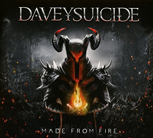 "Album cover with a dark figure in spiked armor holding a flame."