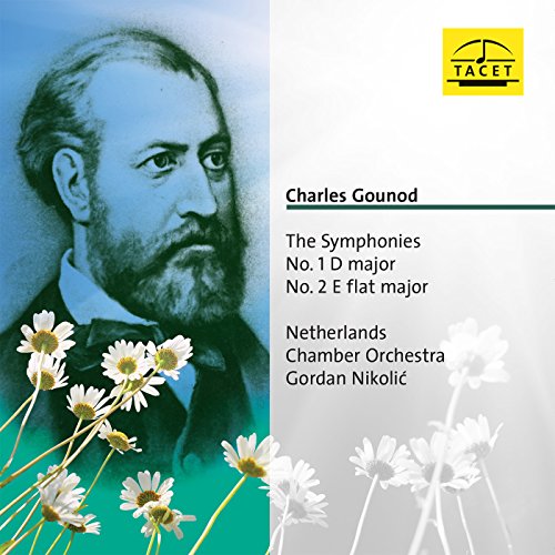 "CD cover with portrait of Charles Gounod and white flowers on a split background."