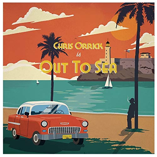 "Album cover art featuring a vintage car and beach scene with 'Out To Sea' text."
