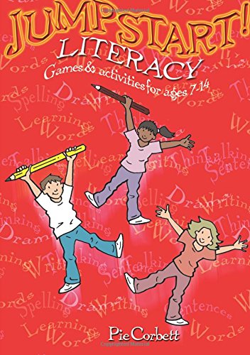 "Red book cover with cartoon children jumping and holding pencils, titled 'Jumpstart! Literacy'."
