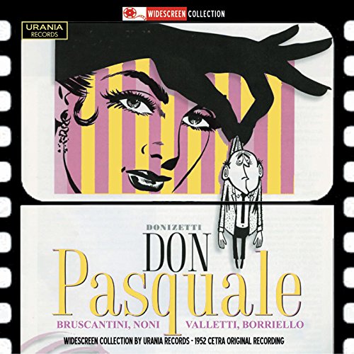 "CD cover with a woman's face and man, filmstrip border, 'Don Pasquale' title."