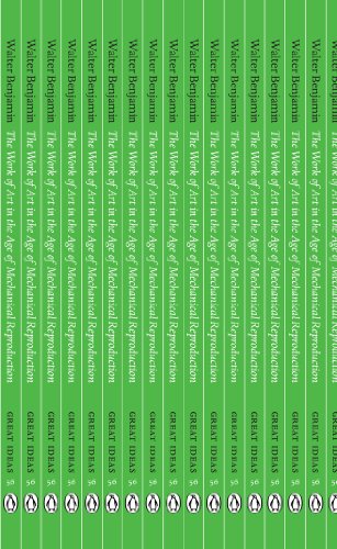 The image shows a green book cover with white text and logos. Alt text: Green book cover with "Walter Benjamin" and "Penguin Great Ideas" text.