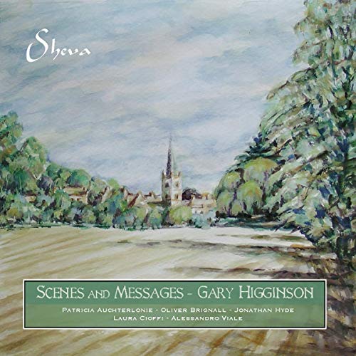 "CD cover featuring a serene landscape painting with a church and green box with text."