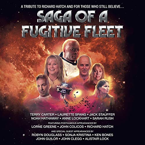 "Audio drama cover featuring six actors and a spaceship against an orange galaxy background."