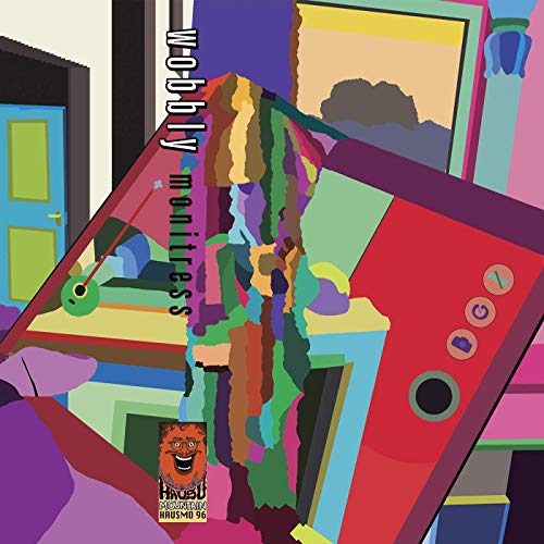 "Album cover for 'Wobbly - Monitress' featuring abstract, colorful shapes and a distorted TV image."
