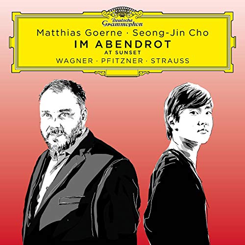 "Album cover with illustrated portraits of two men against a red gradient background."