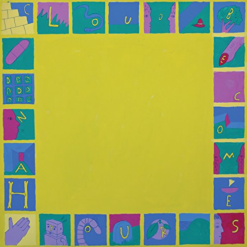 The image shows a vinyl record cover with a yellow background and a border of 20 small, colorful squares. For accessibility purposes, a suitable alt text could be: "A yellow vinyl record cover with a border of colorful squares."