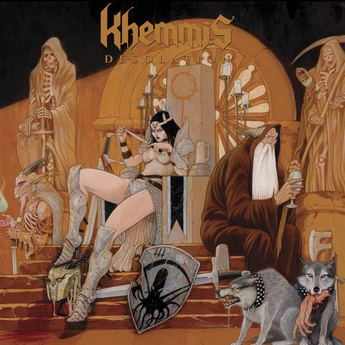 "Khemmis album cover art featuring a woman seated on a throne with wolves."
