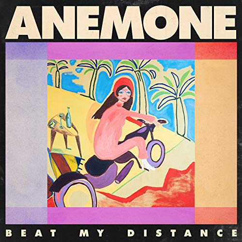 "Album cover featuring a woman riding a bicycle, surrounded by palm trees and abstract shapes."