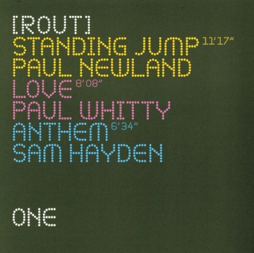 Dark green album cover with multicolored pixelated text listing song titles and artists.