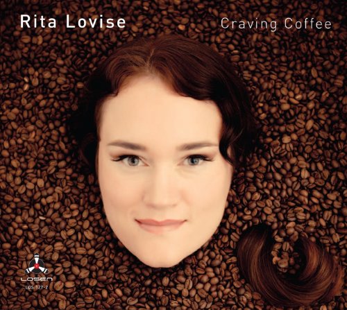 "Woman with dark hair lies on coffee beans, album cover for 'Craving Coffee' by Rita Lovise."