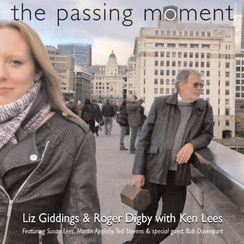 "Album cover with a woman and man standing on a bridge, cityscape in background."