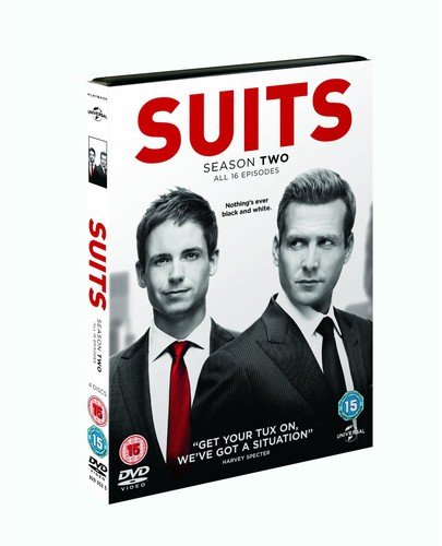 "Suits Season 2 DVD cover featuring two men in suits against a blurred cityscape."