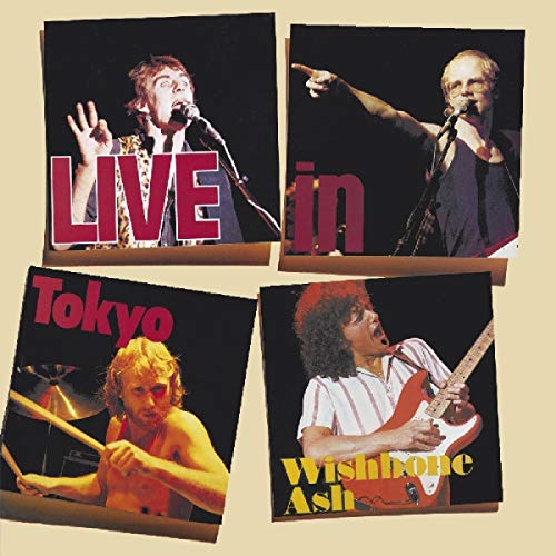 "CD cover with four photos of Wishbone Ash band members performing on stage."