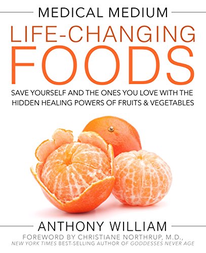 "Book cover with oranges and text 'Medical Medium Life-Changing Foods' on a white background."