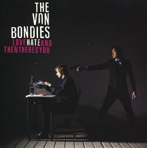 "Album cover: man sitting at desk, another man pointing gun, dark background, dramatic scene."