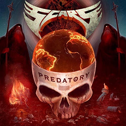 "Album cover art featuring a skull with a burning globe and hooded figures."